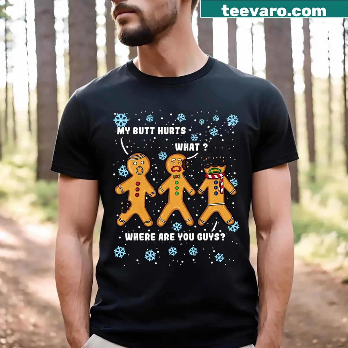 Funny gingerbread man Christmas graphic on a t-shirt — on a men's t-shirt