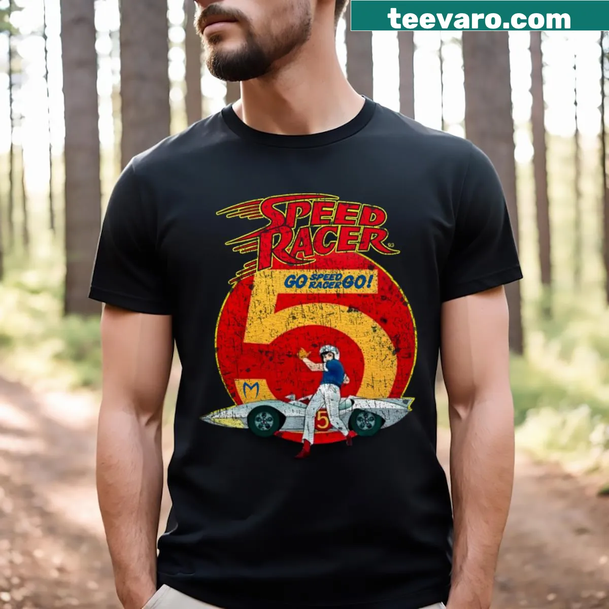 Illustration of Mach 5 race car on a Speed Racer T-shirt — on a men's t-shirt
