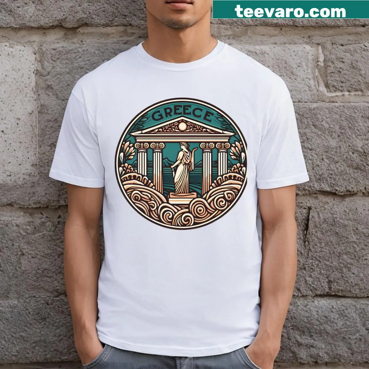 Illustration of a Greek temple on a cultural-themed T-shirt — on a men's t-shirt