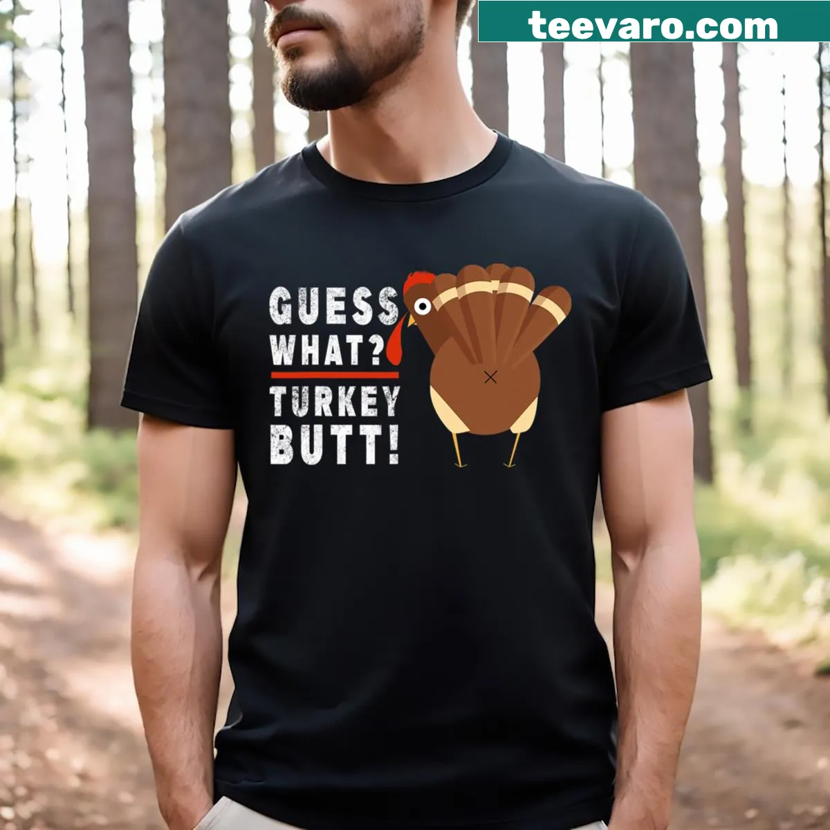 Funny Thanksgiving t-shirt with turkey and pilgrim design — on a men's t-shirt