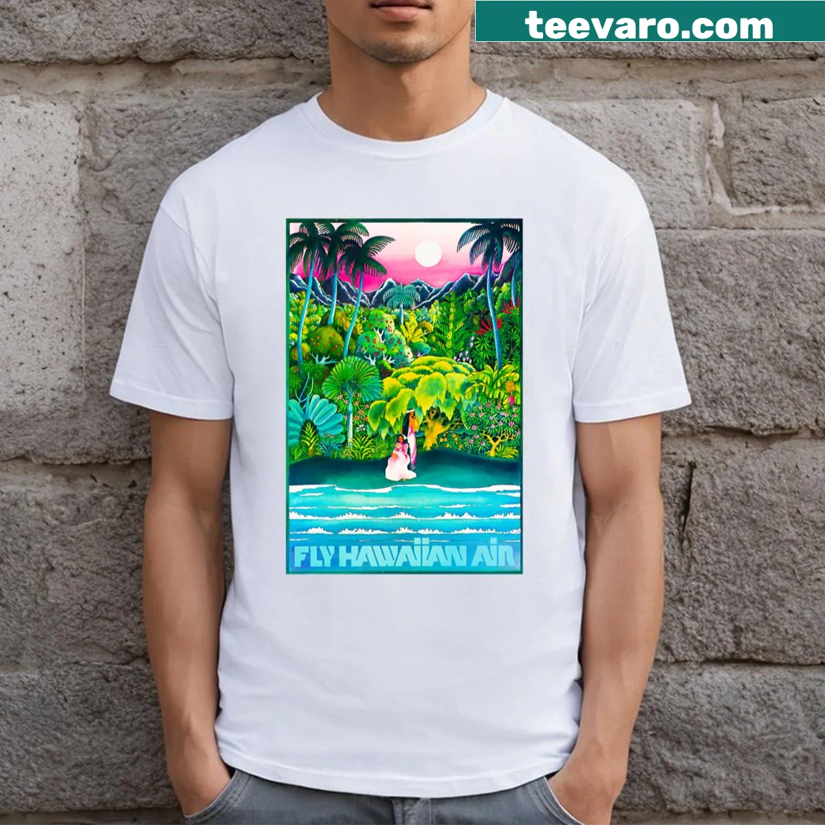 Vintage-style Hawaii travel poster T-shirt featuring palm trees and waves — on a men's t-shirt