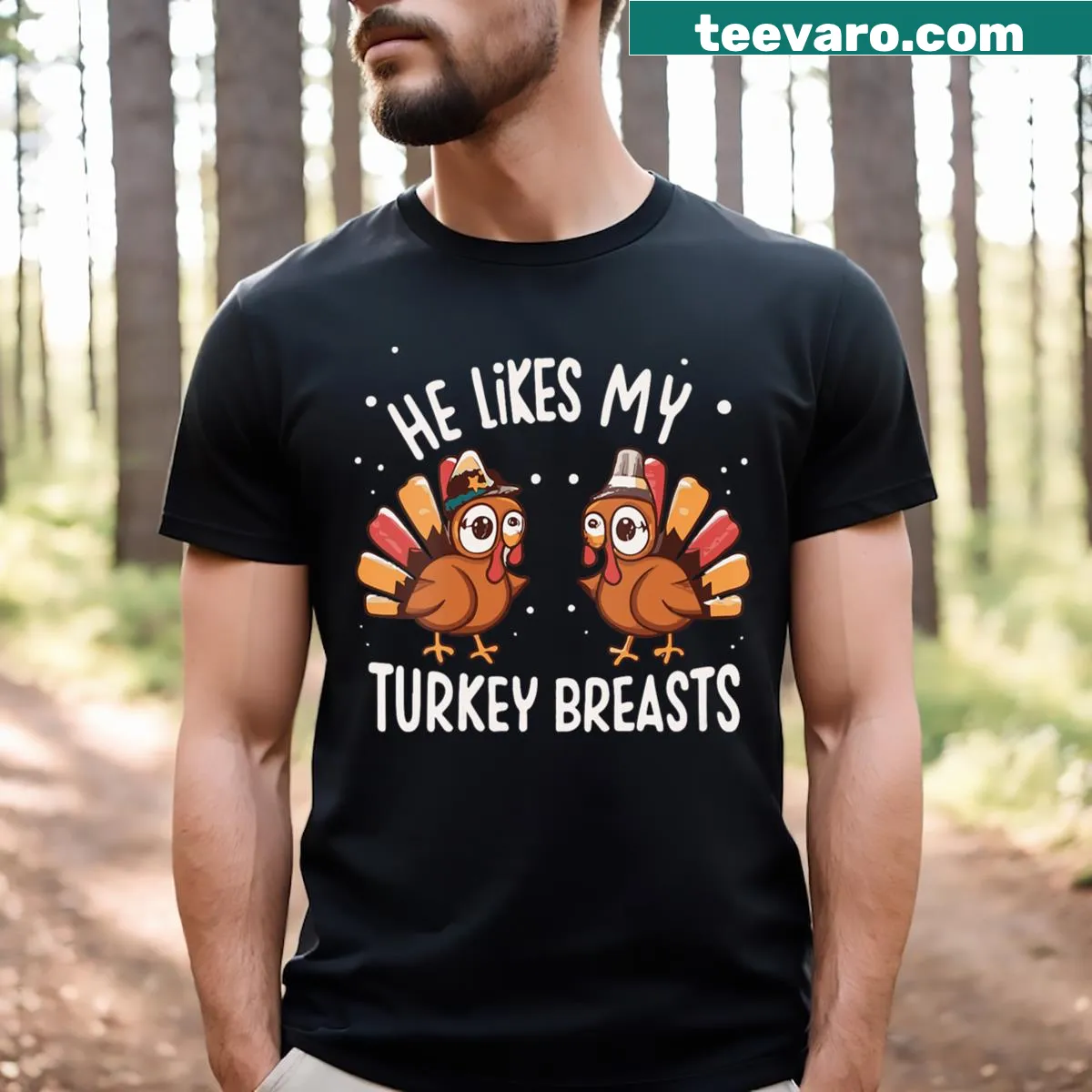 Funny couple's Thanksgiving V-neck T-shirt with humorous text — on a men's t-shirt
