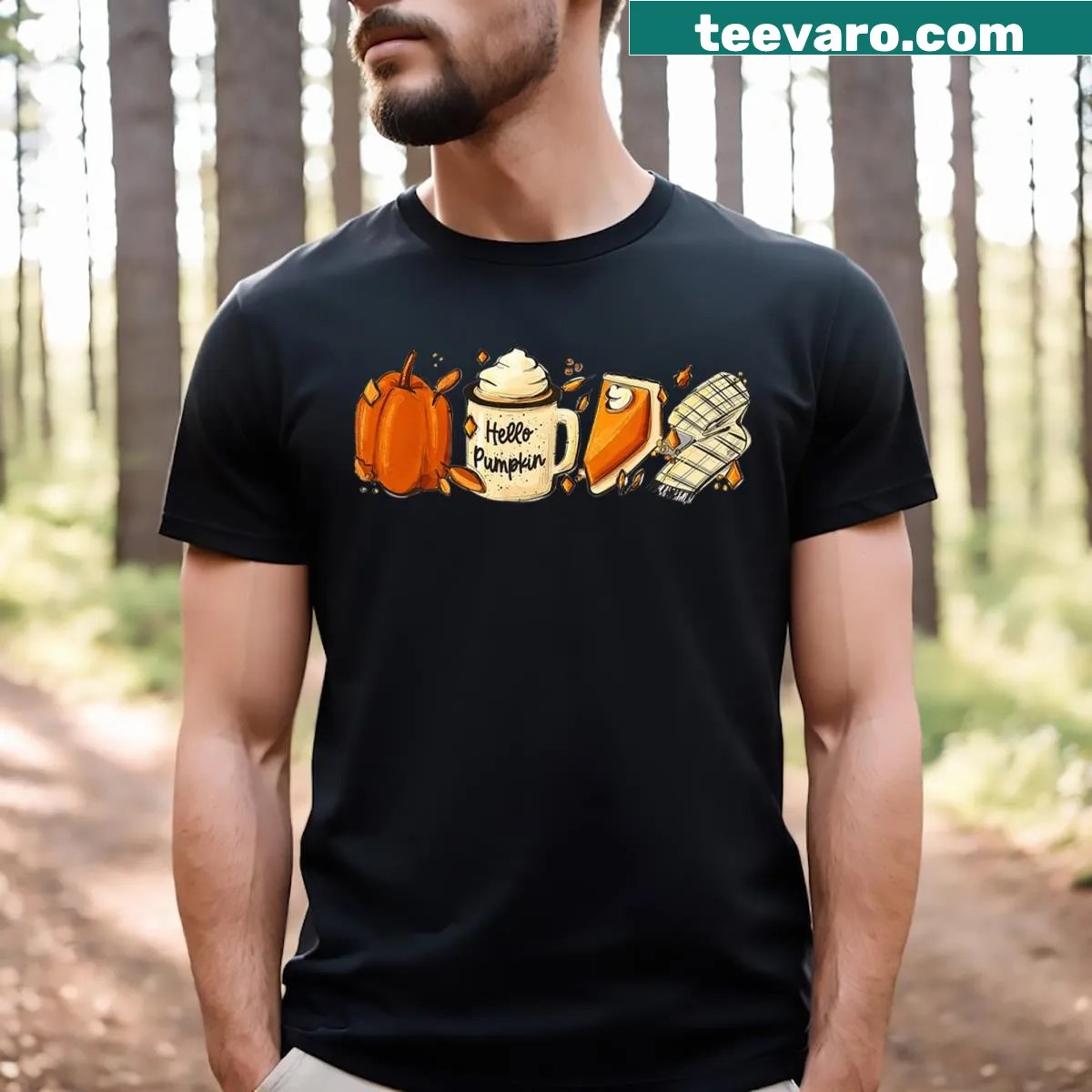 Pumpkin-themed T-shirt with playful text celebrating fall flavors — on a men's t-shirt