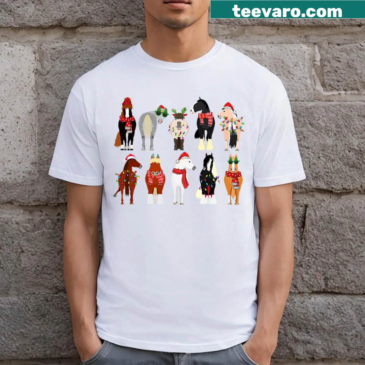 Funny Christmas shirt for horse lovers featuring farm animals — on a men's t-shirt