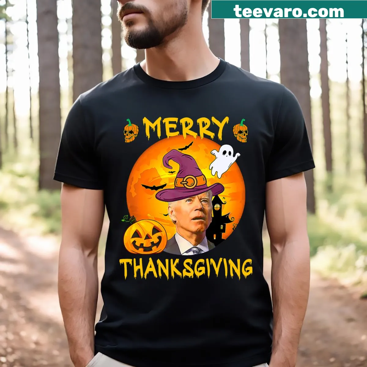 Funny T-shirt featuring a confused Joe Biden for Thanksgiving and Halloween — on a men's t-shirt