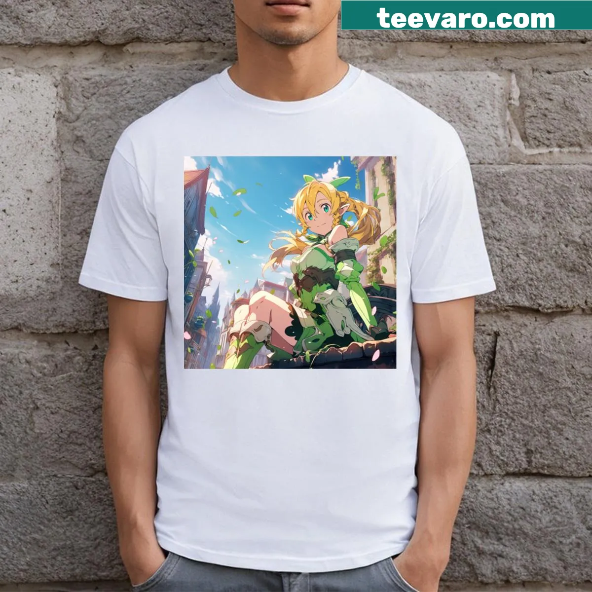 Cartoon T-shirt featuring 'Leafa Chill In Town' text — on a men's t-shirt