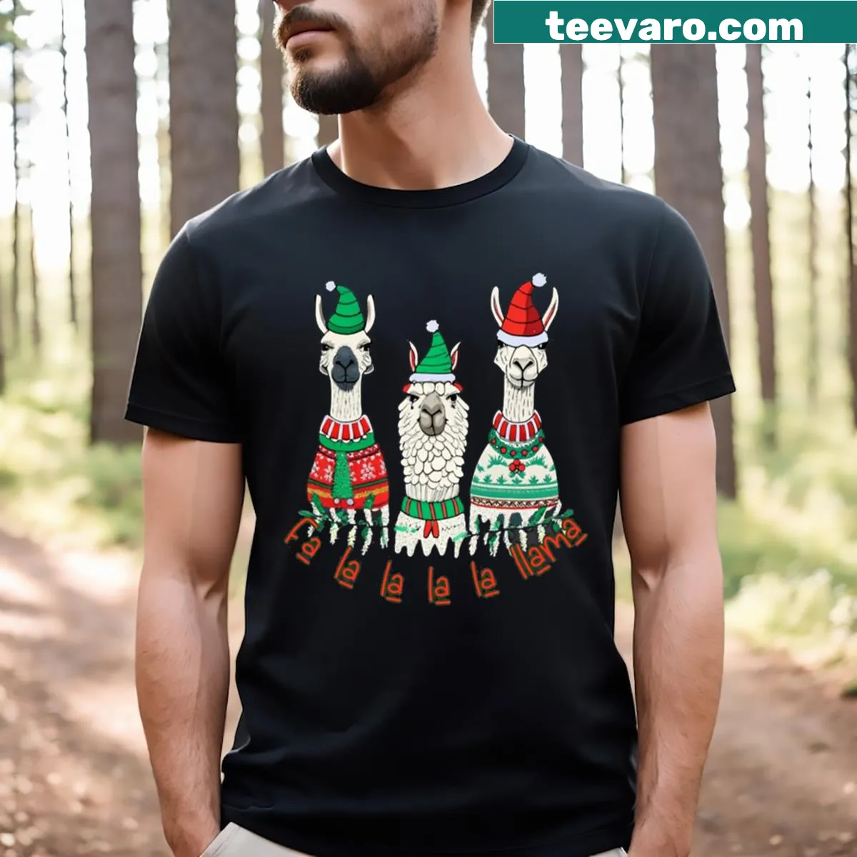 Funny cartoon llama in Christmas attire on a t-shirt — on a men's t-shirt