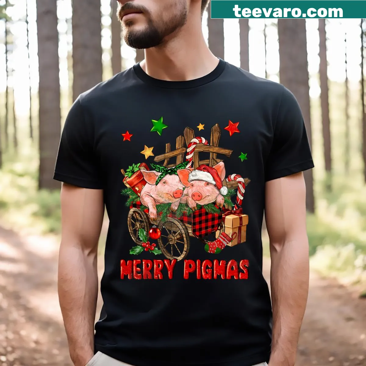 Funny Pigmas t-shirt with a cartoon pig and candy canes — on a men's t-shirt