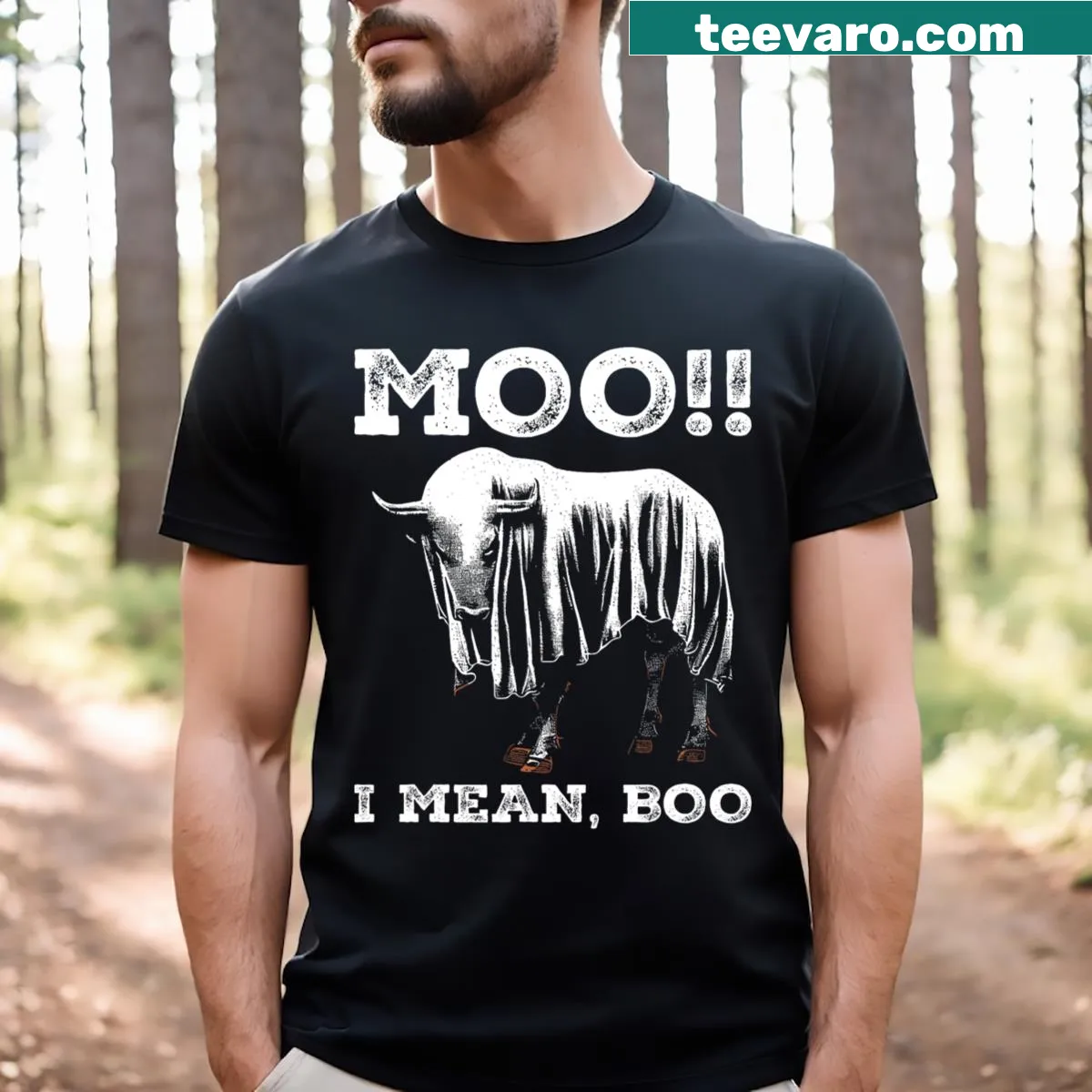 Funny Halloween shirt featuring a ghost cow and punny text — on a men's t-shirt