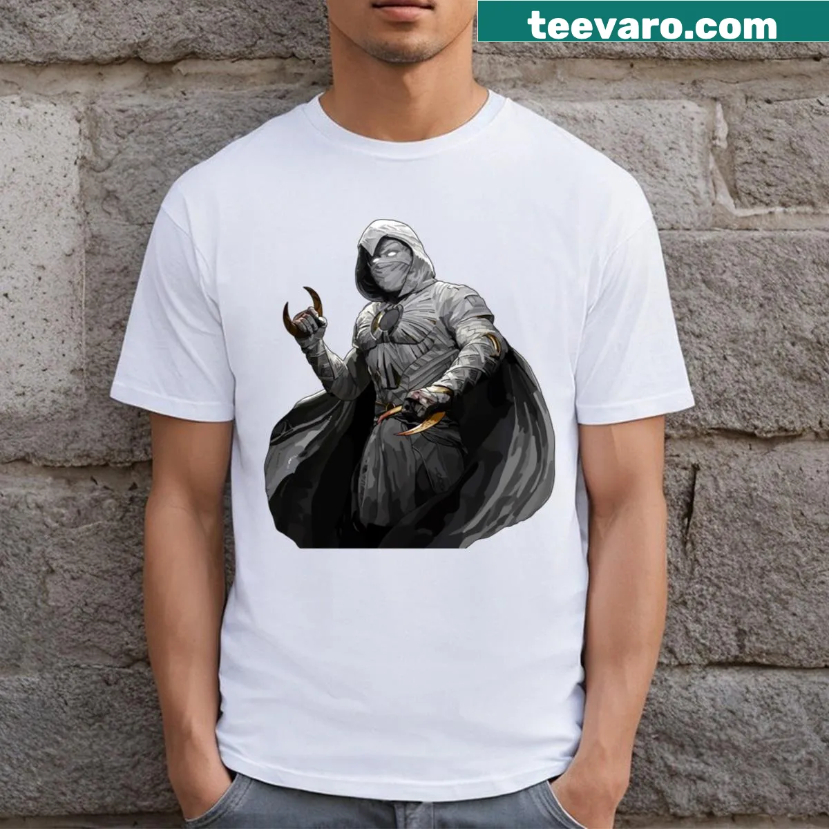 Bold Moon Knight graphic T-shirt for comic fans — on a men's t-shirt