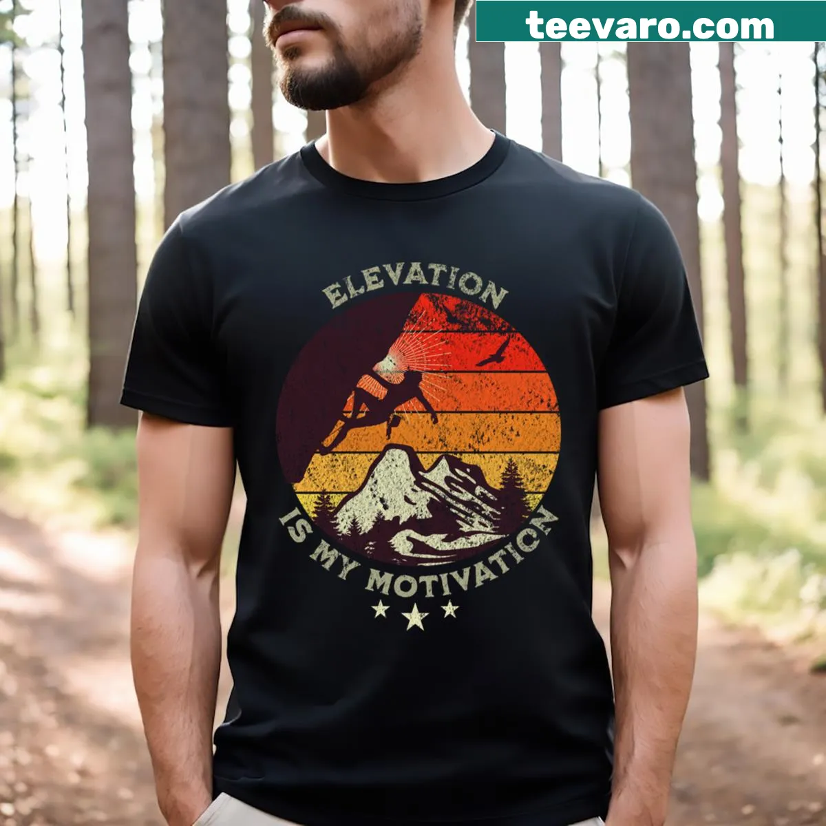 Inspirational T-shirt with 'Elevation Is My Motivation' text for hikers — on a men's t-shirt