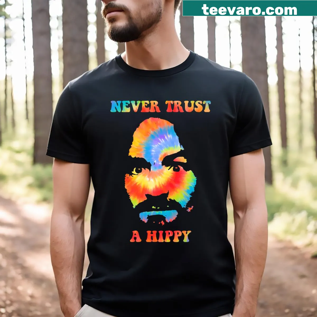 Funny t-shirt with the phrase 'Never Trust A Hippy' — on a men's t-shirt