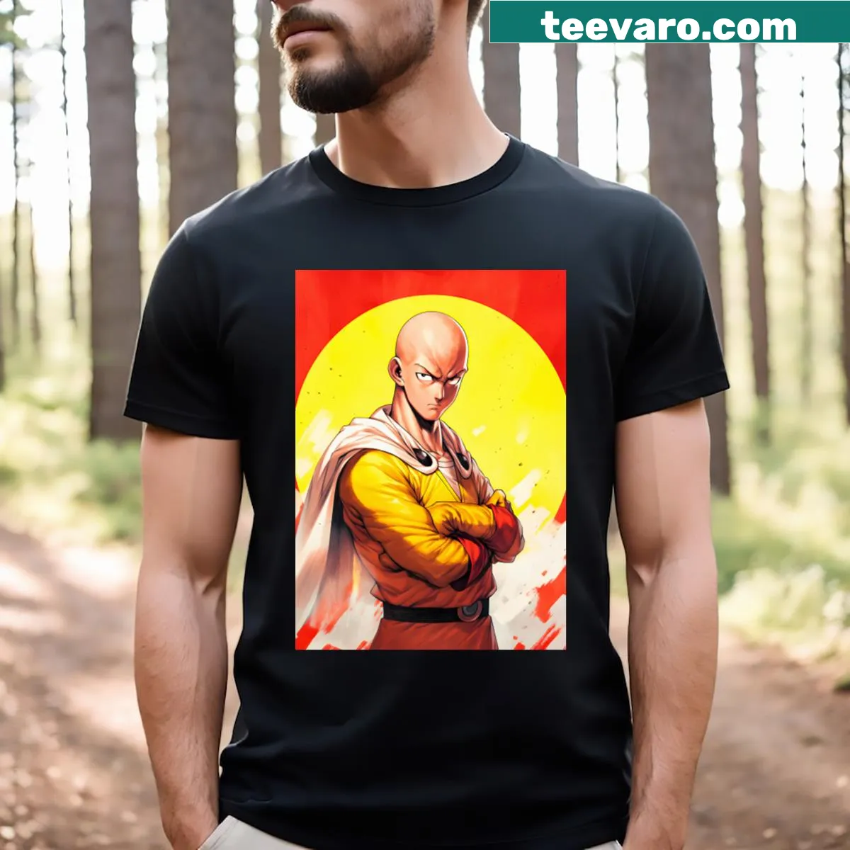 One Punch Man Saitama graphic tee featuring dynamic illustration — on a men's t-shirt