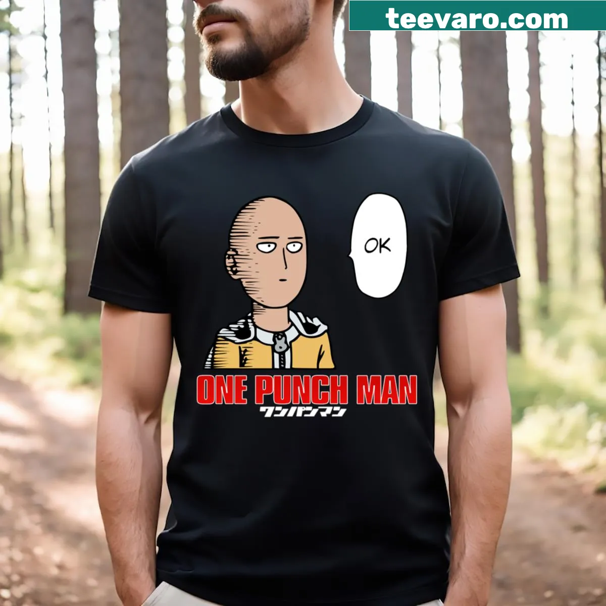One Punch Man Saitama graphic T-shirt — on a men's t-shirt