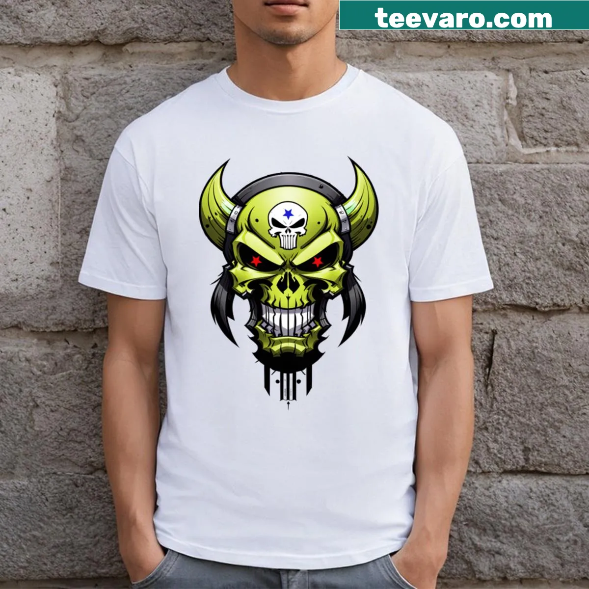 Oni Demon graphic in gold and green on a T-shirt — on a men's t-shirt