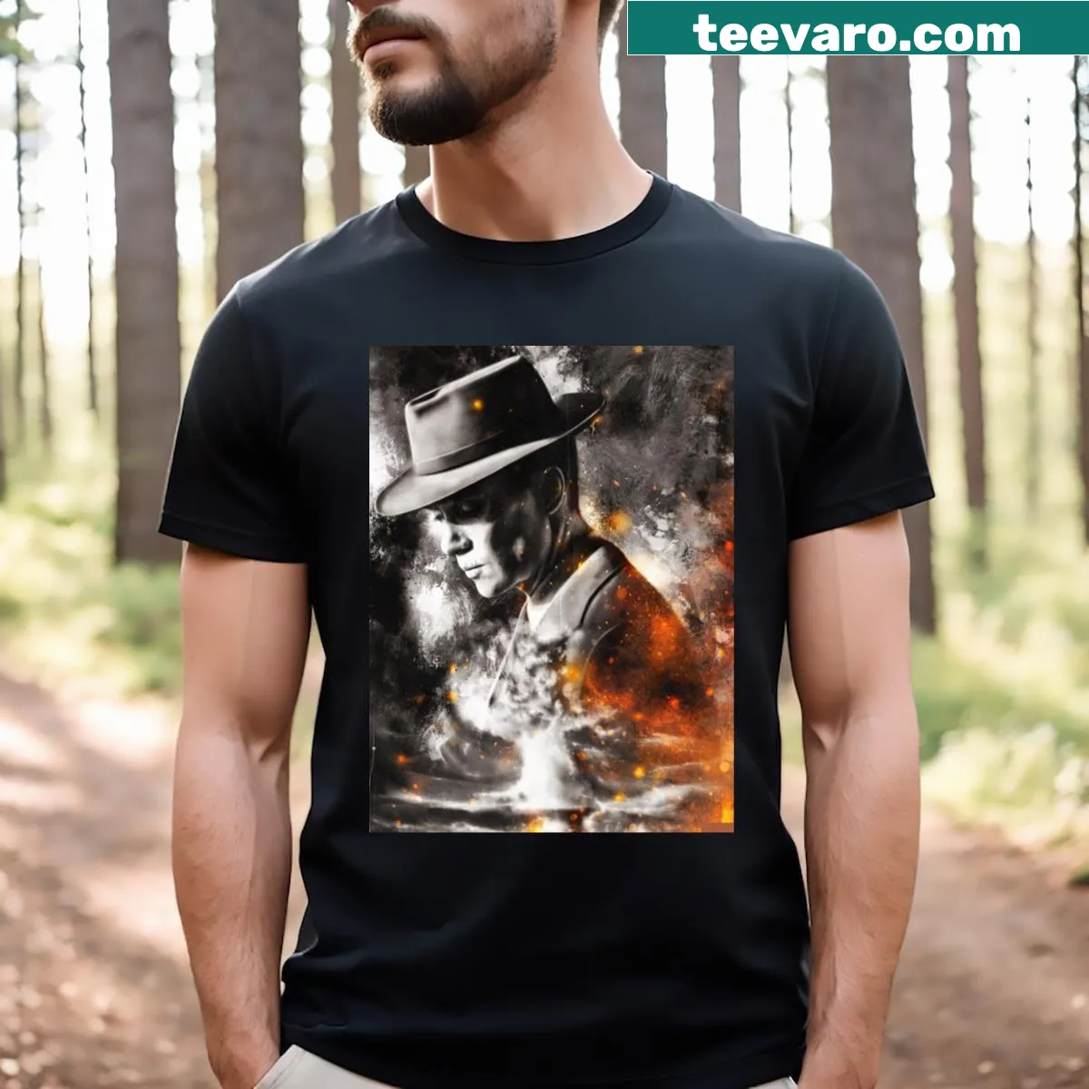 Oppenheimer poster art graphic T-shirt — on a men's t-shirt