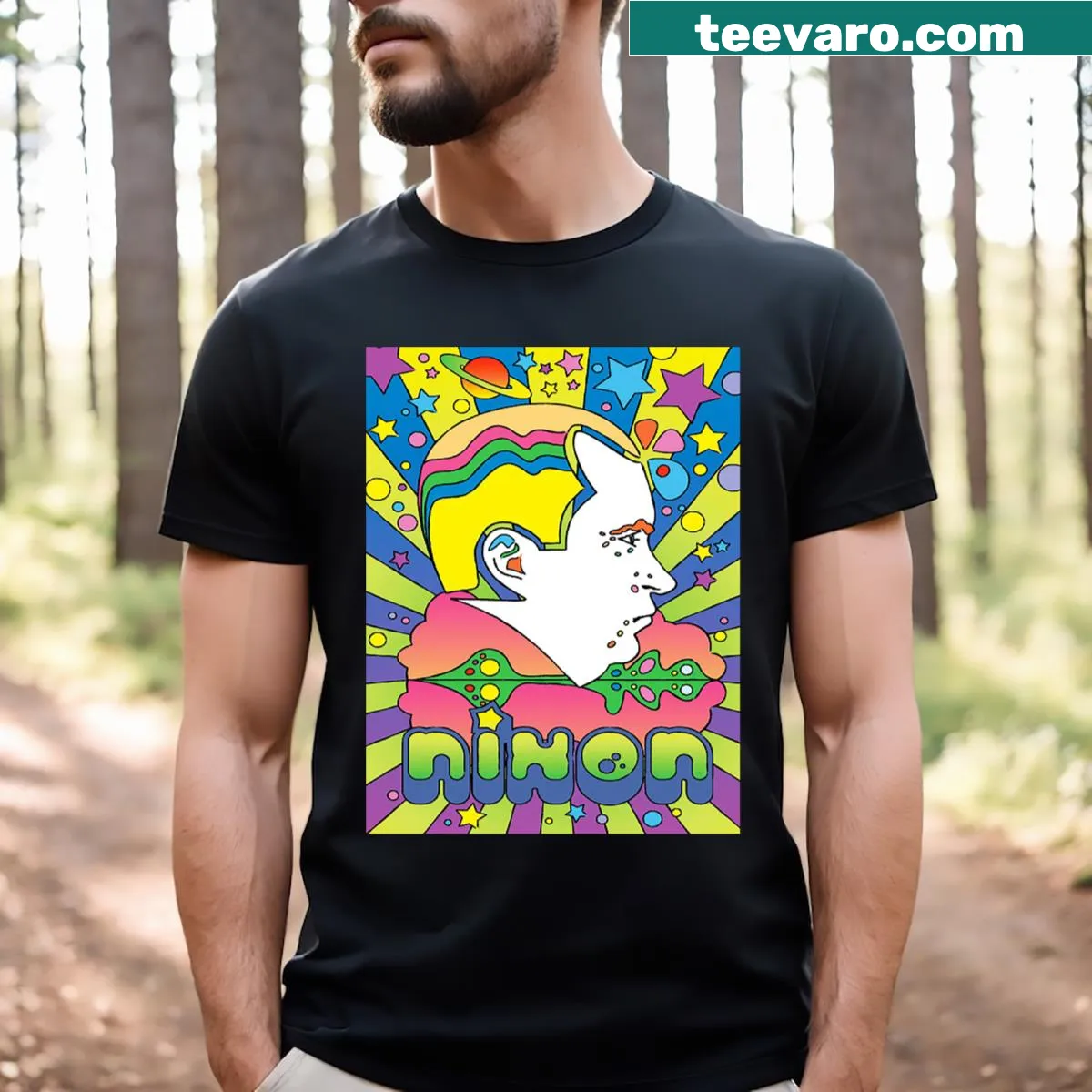 Peter Max inspired pop art graphic T-shirt — on a men's t-shirt