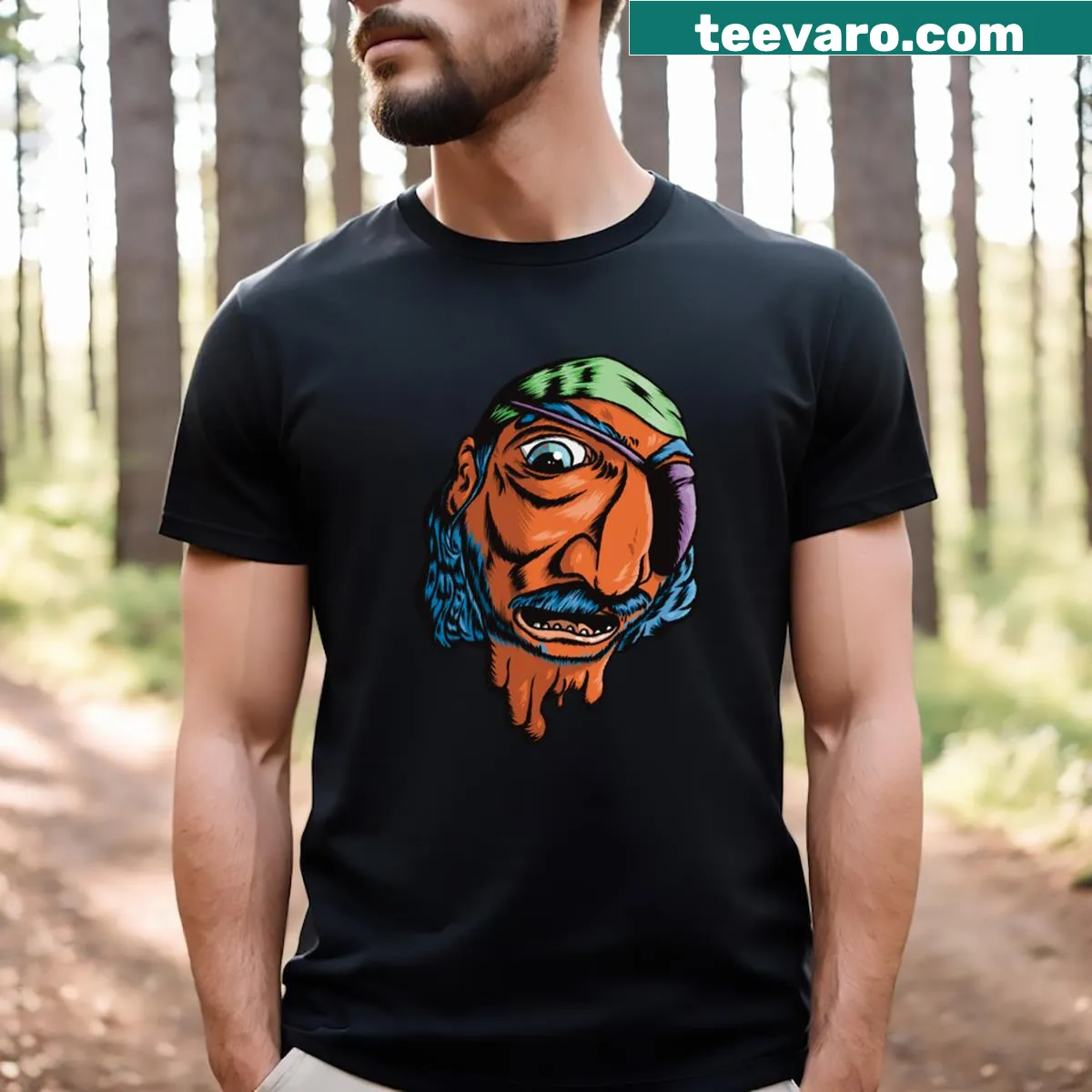 Graphic T-shirt featuring a playful pirate with an eye patch — on a men's t-shirt