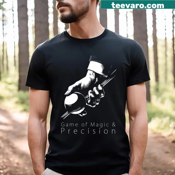 T-shirt featuring a billiard cue and hand illustration