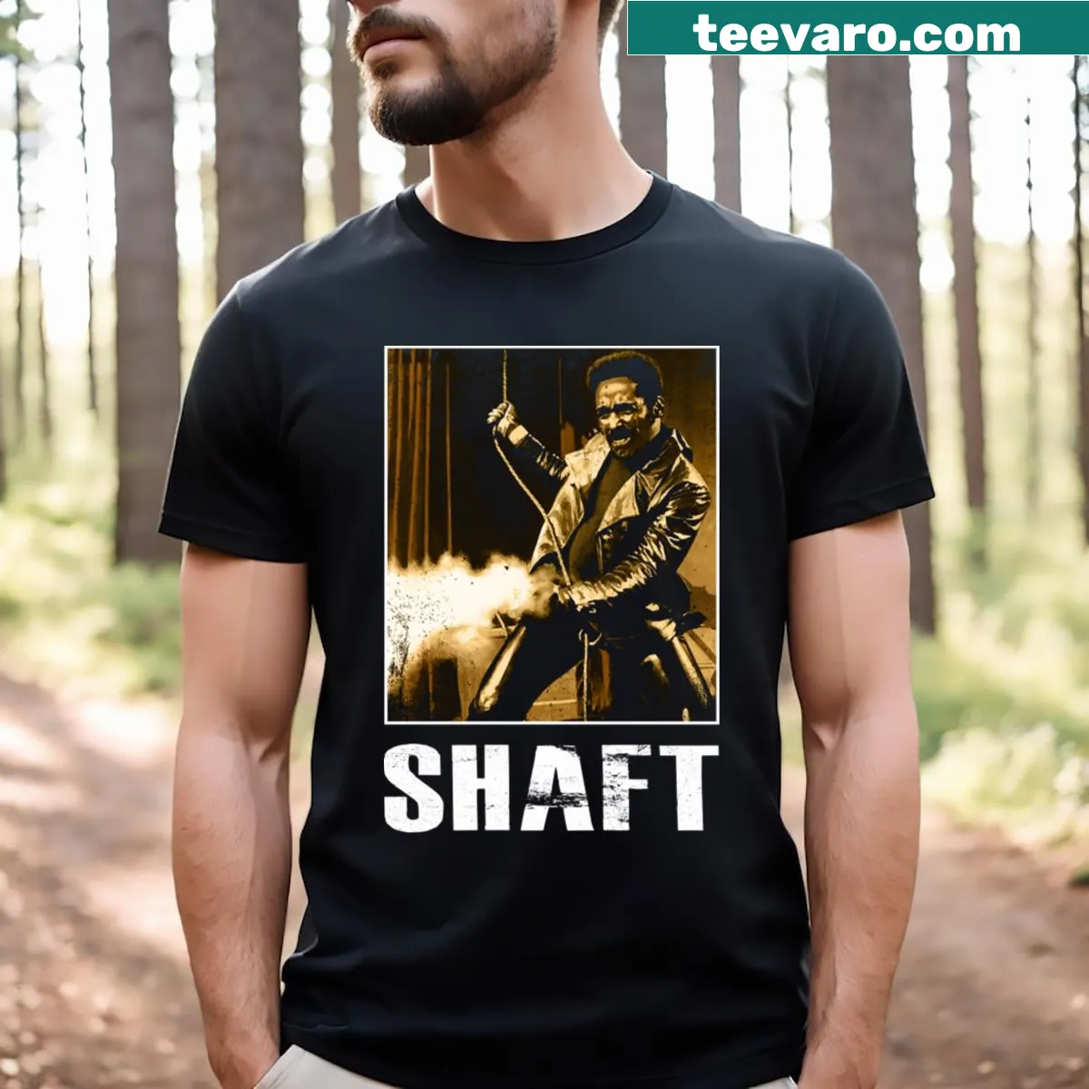 T-shirt honoring the legacy of Detective John Shaft — on a men's t-shirt