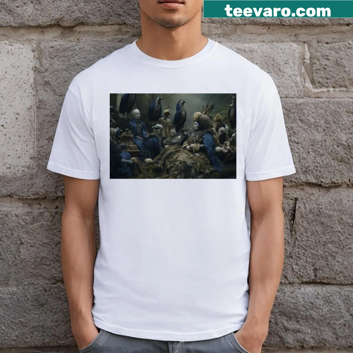 Illustrated T-shirt featuring bluebirds and Queen of the Bluebirds text — on a men's t-shirt