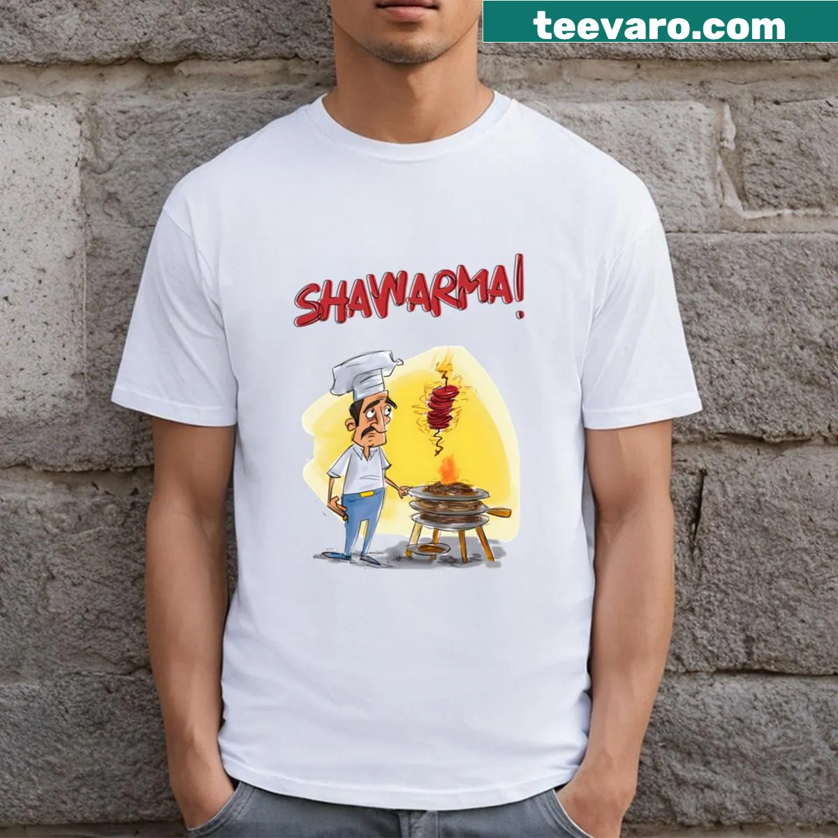 Humorous t-shirt with text about shawarma and comedy — on a men's t-shirt