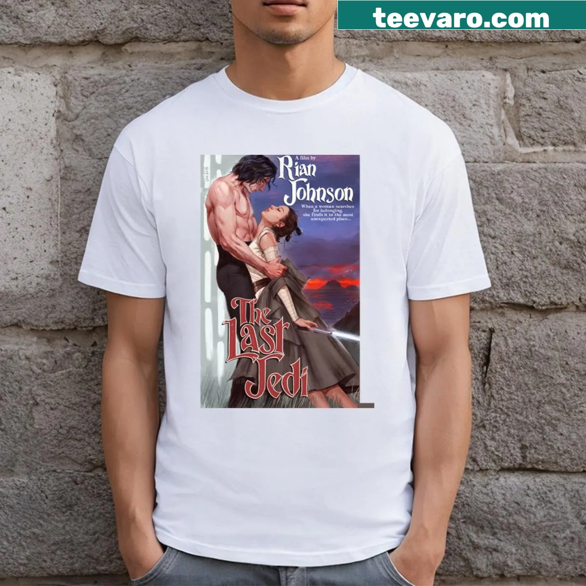 T-shirt featuring an illustration of a romance novel cover — on a men's t-shirt