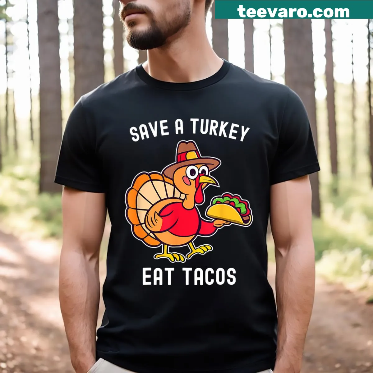 Funny Thanksgiving t-shirt promoting tacos over turkey. — on a men's t-shirt