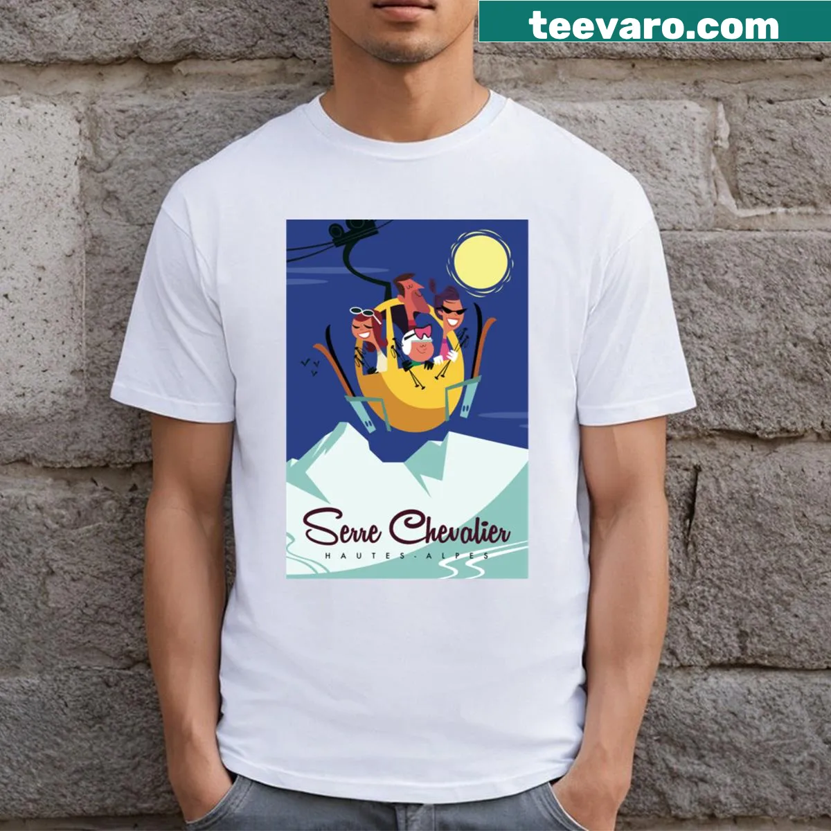 Vintage distressed t-shirt inspired by Serre Chevalier ski posters. — on a men's t-shirt