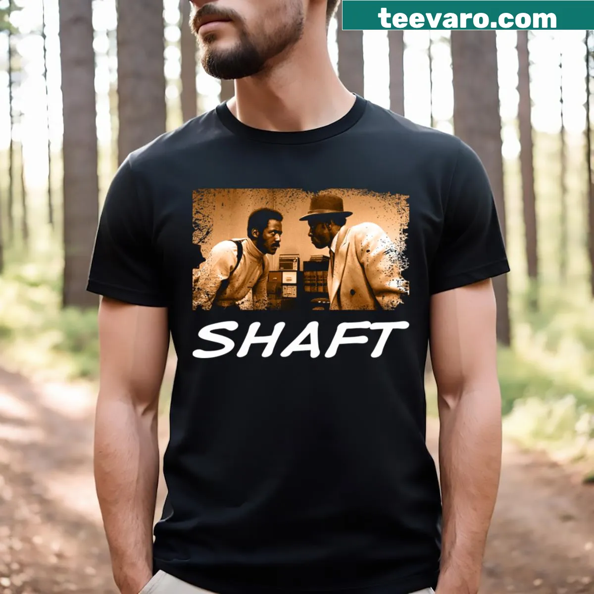Illustrated T-shirt embracing Detective Shaft's cool confidence — on a men's t-shirt