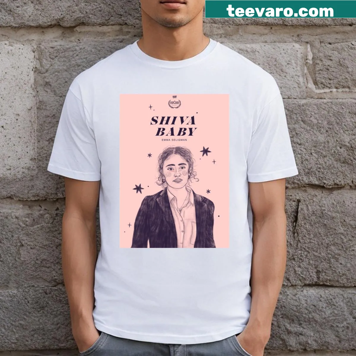 Film poster inspired design T-shirt for Shiva Baby movie — on a men's t-shirt
