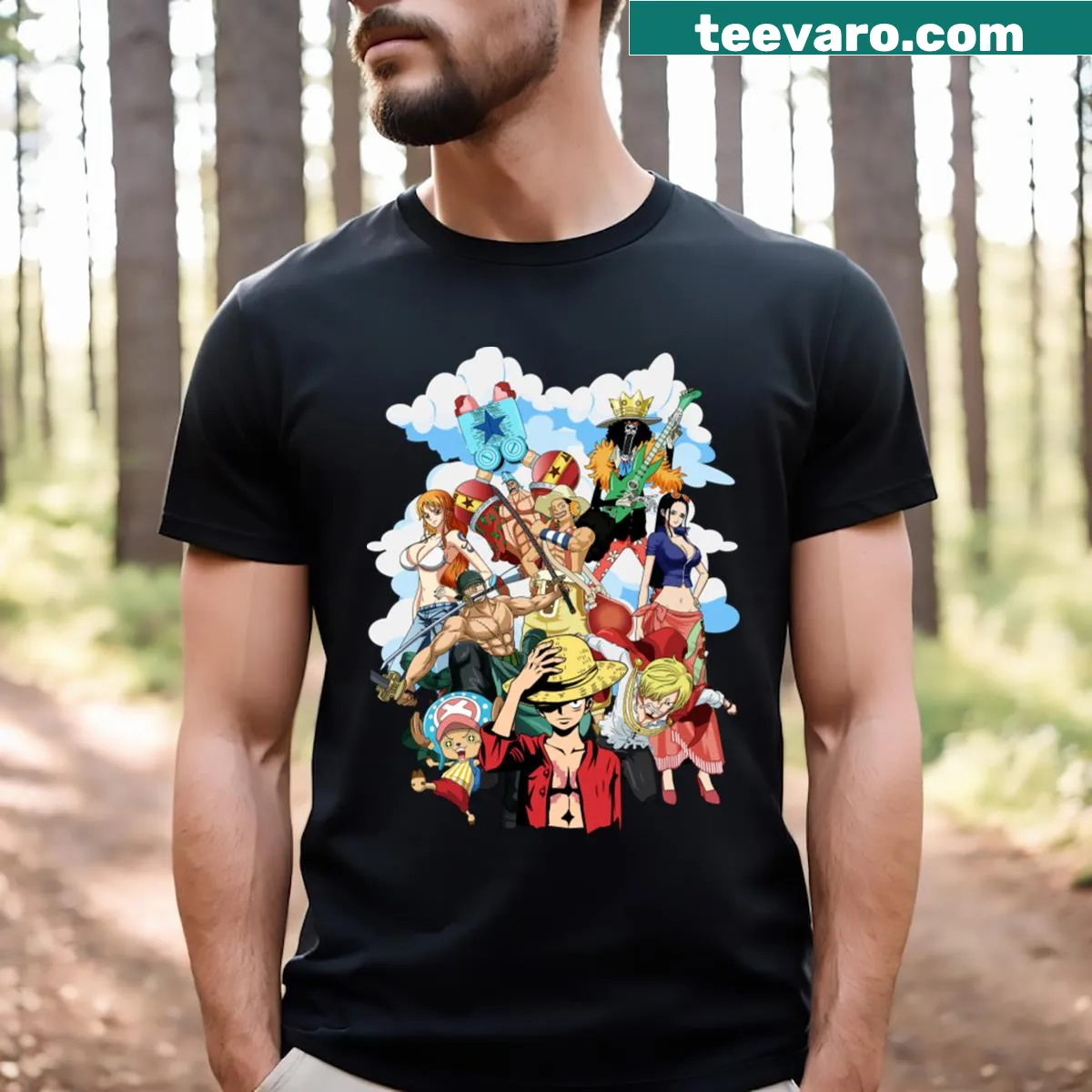 Straw Hat Pirates t-shirt featuring iconic anime characters — on a men's t-shirt