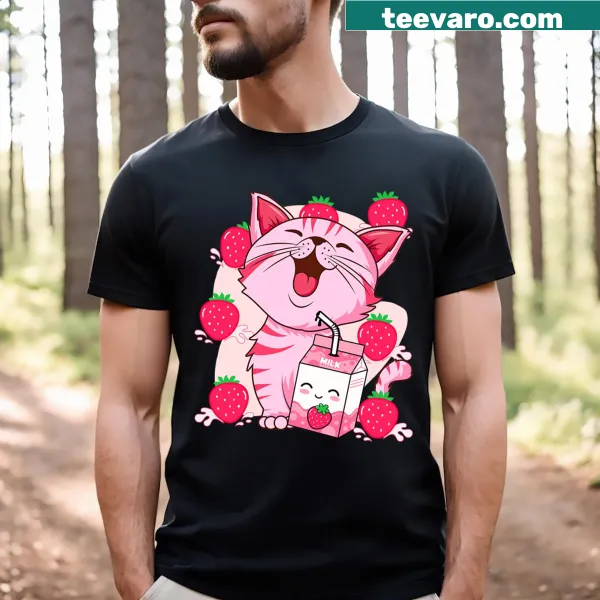Cute kawaii kitten t-shirt featuring a strawberry milk theme