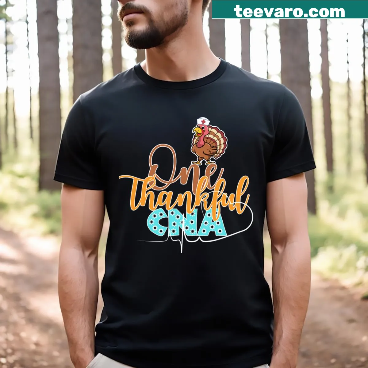 Funny Thanksgiving turkey t-shirt for nurses with a cartoon design — on a men's t-shirt