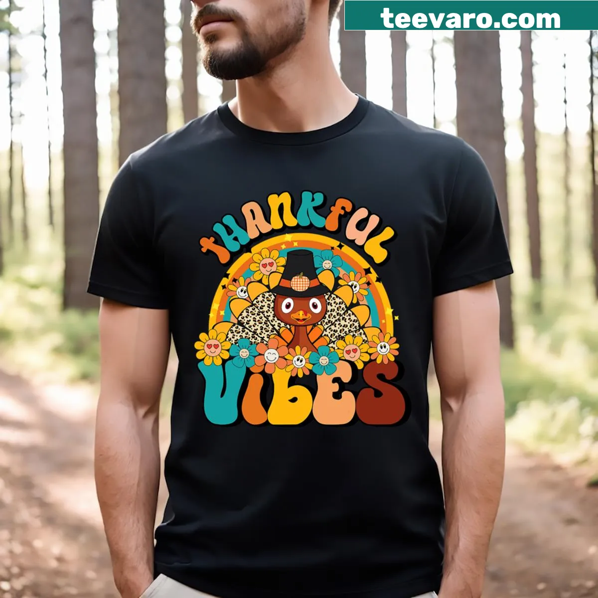 Retro Thanksgiving turkey t-shirt with rainbow vibes — on a men's t-shirt