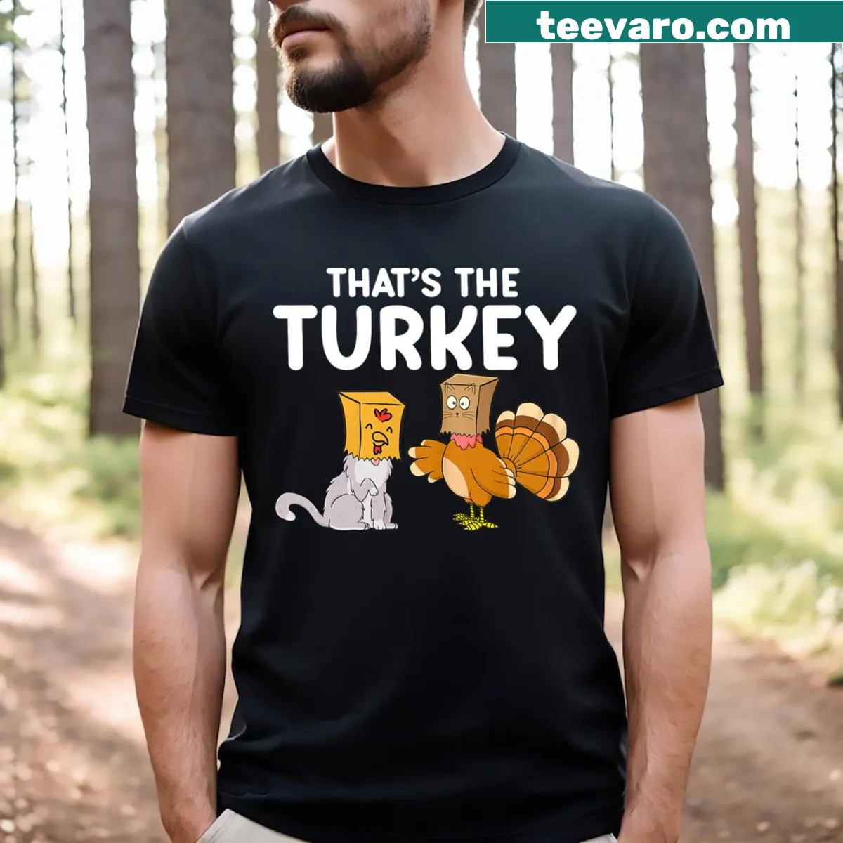 Funny Thanksgiving cat t-shirt with a cartoon design — on a men's t-shirt