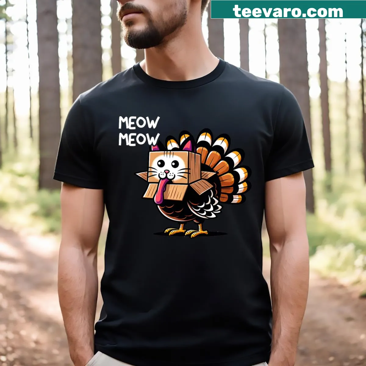 Funny Thanksgiving cat t-shirt with a humorous design — on a men's t-shirt