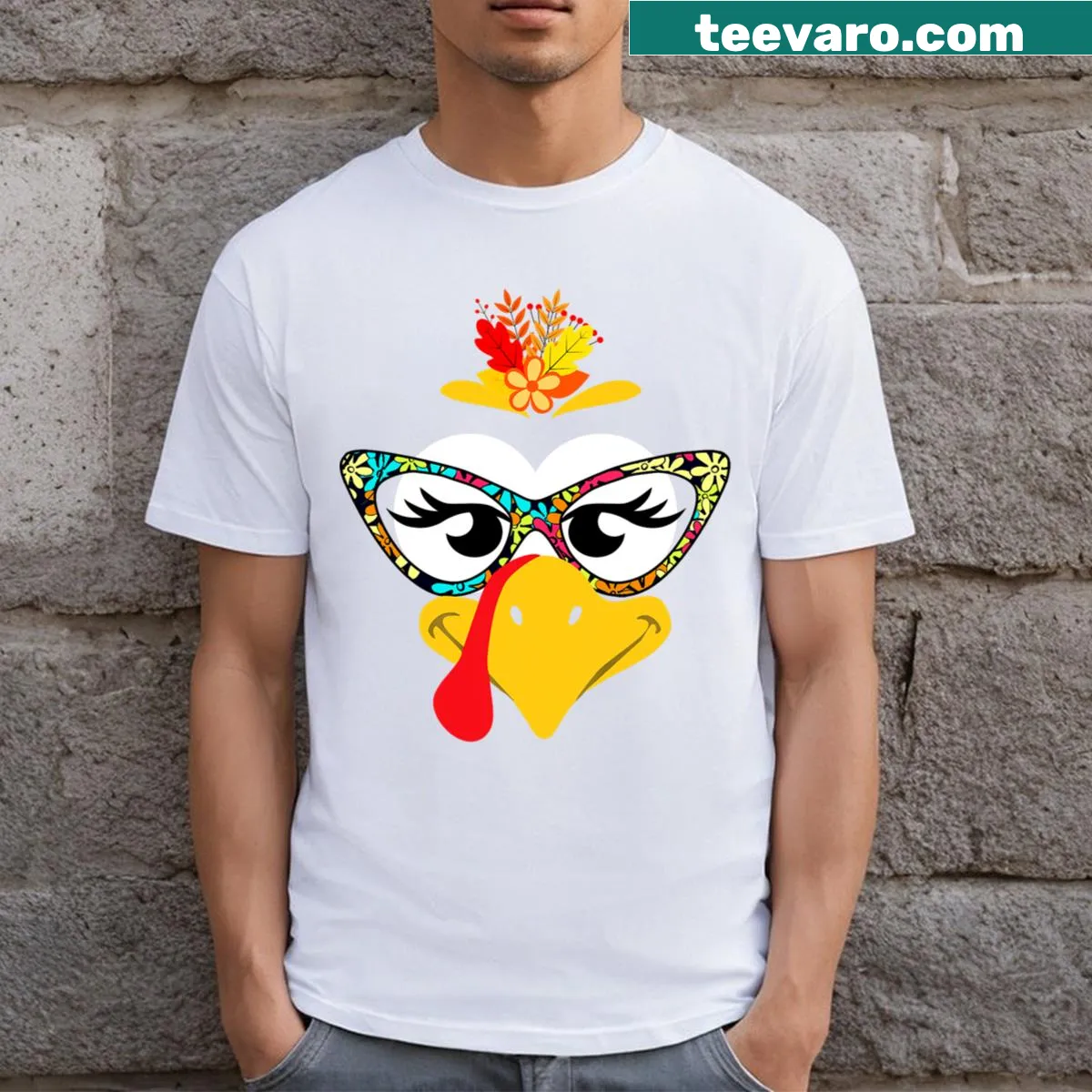 Funny turkey face graphic with sunglasses on T-shirt — on a men's t-shirt