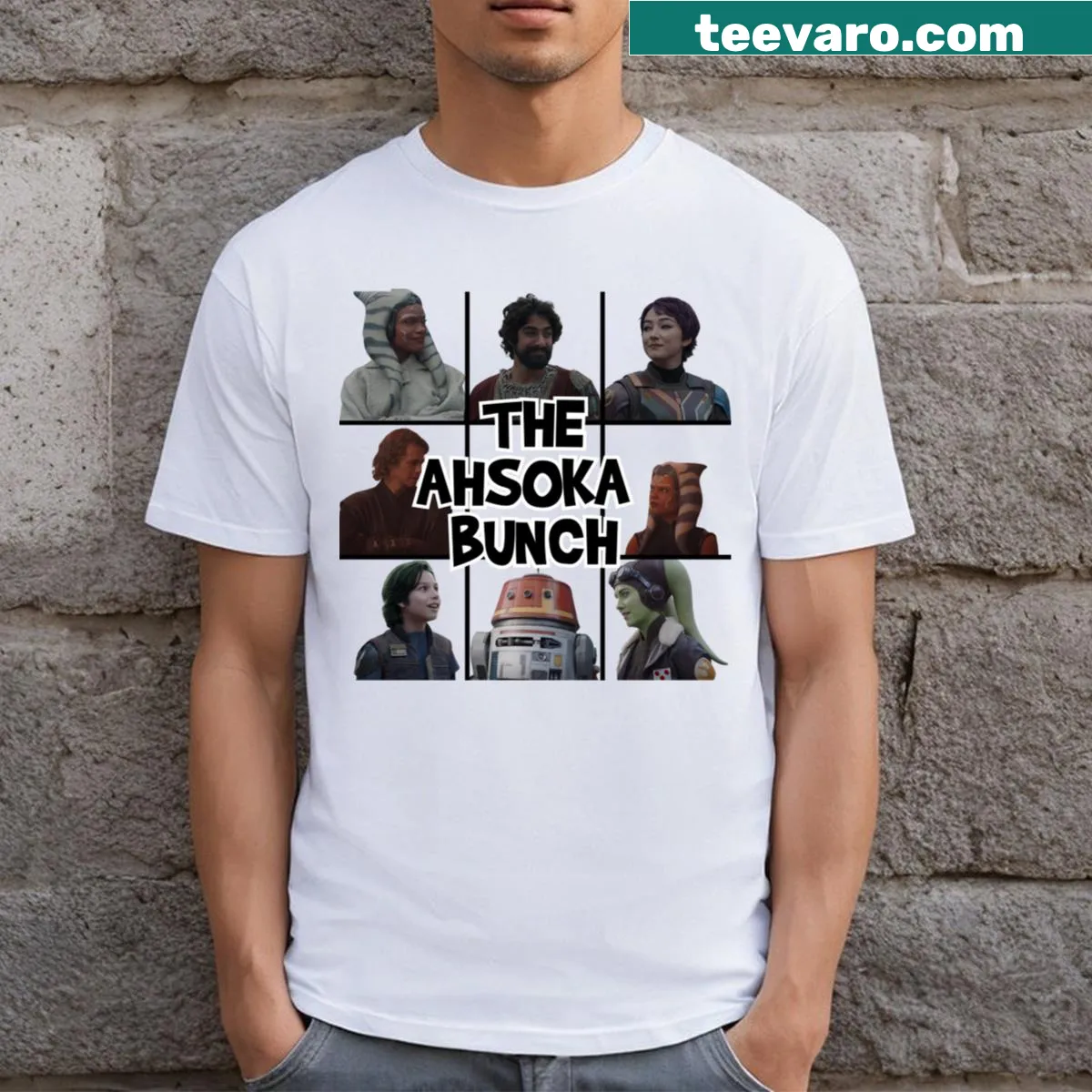 Playful Ahsoka Tano graphic t-shirt with cartoon companions — on a men's t-shirt