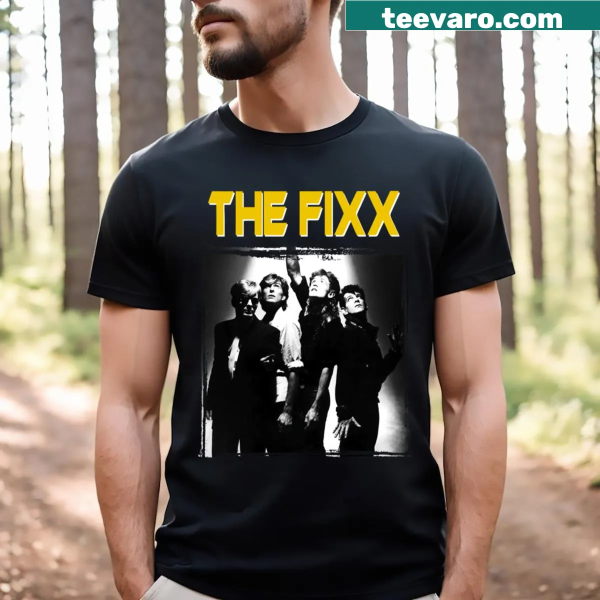 Vintage distressed t-shirt with The Fixx band name in retro font — on a men's t-shirt