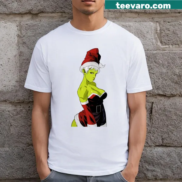 Cartoon Grinch graphic on a festive kids' t-shirt for Christmas