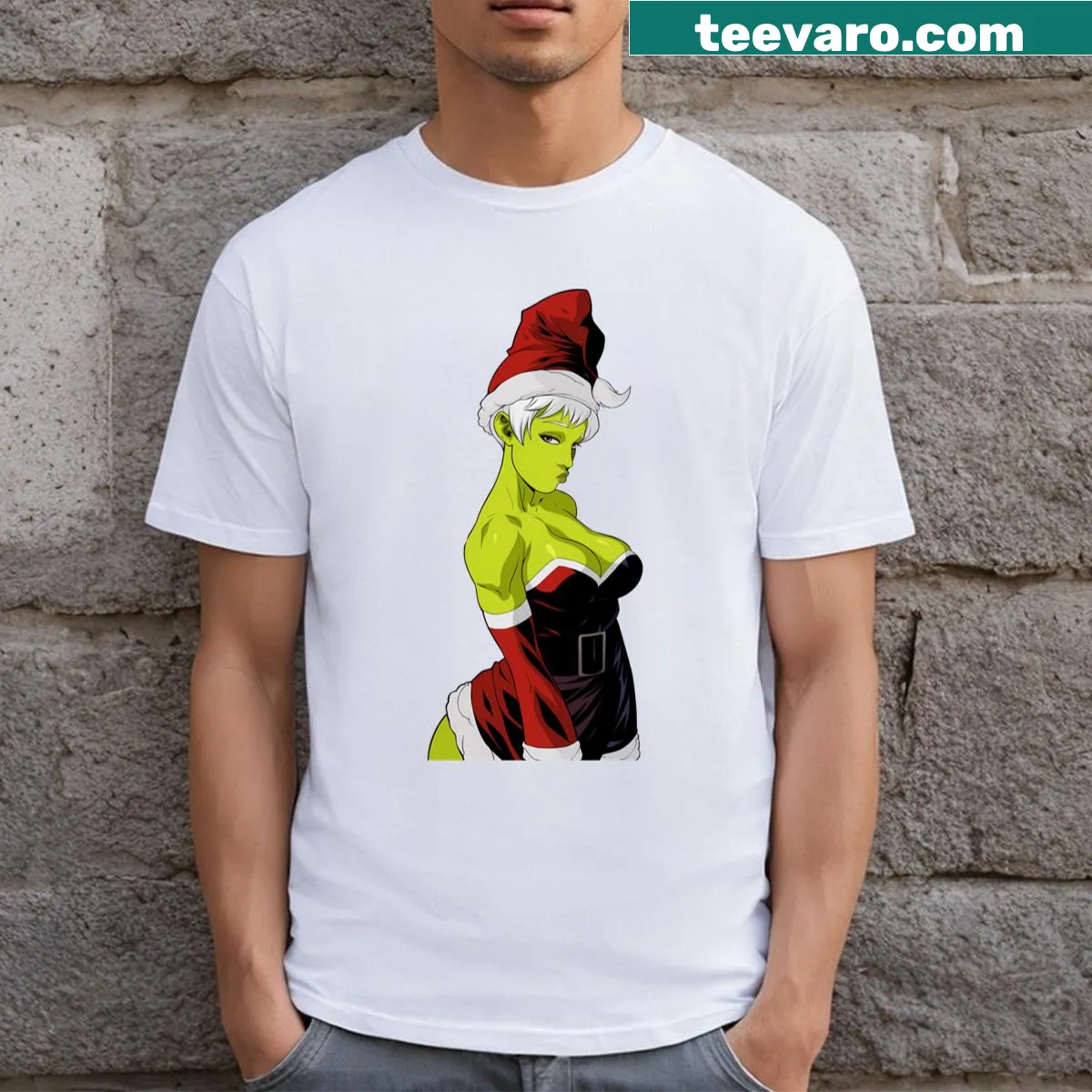 Cartoon Grinch graphic on a festive kids' t-shirt for Christmas — on a men's t-shirt