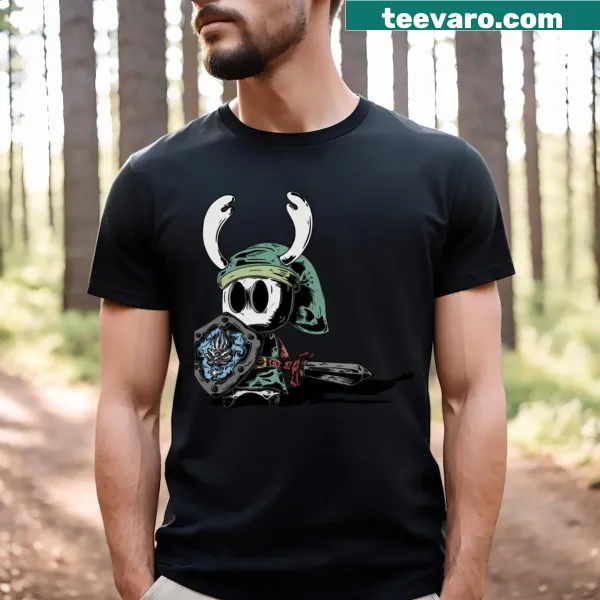 Whimsical illustration of a hollow hero character on a t-shirt