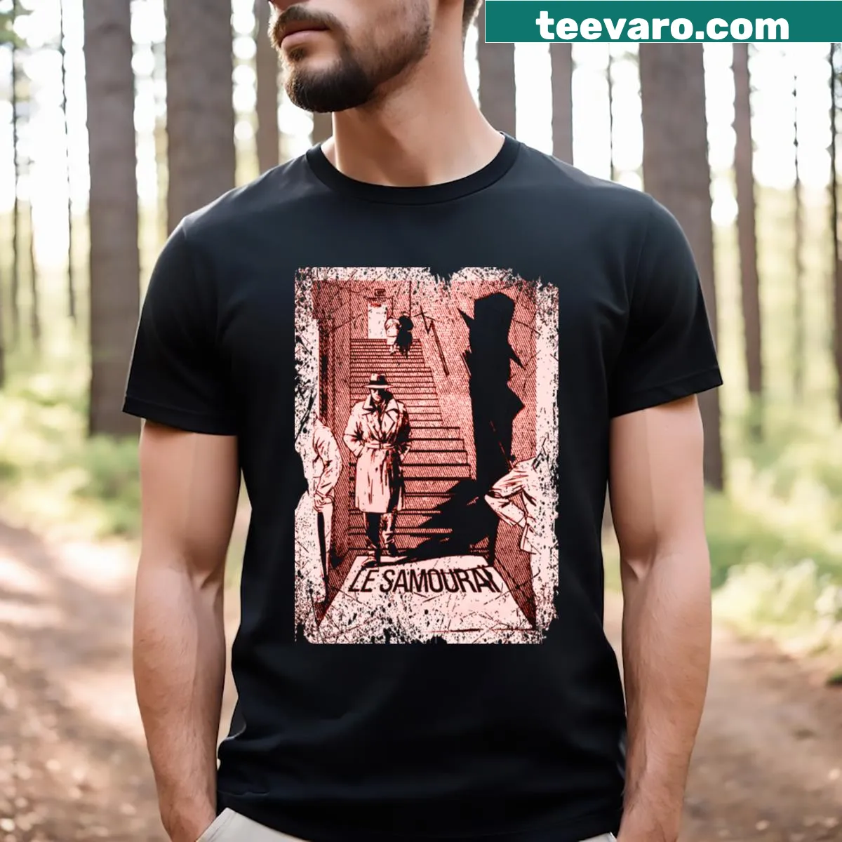 Vintage-style T-shirt featuring a samurai hitman graphic — on a men's t-shirt