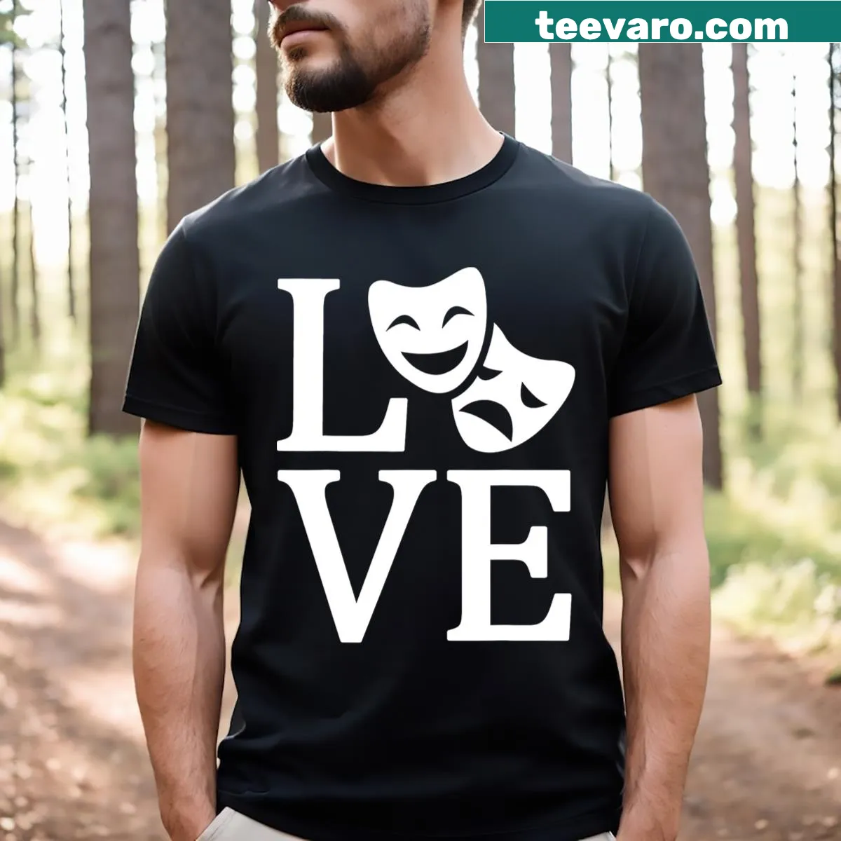 Funny theatre T-shirt featuring intertwined theatre masks with text. — on a men's t-shirt