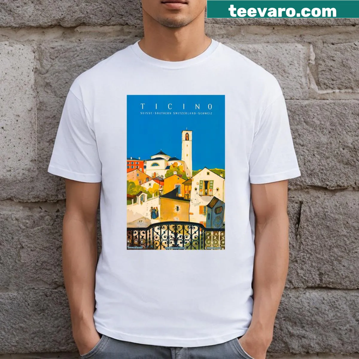Minimalist T-shirt featuring the word 'Ticino' in a badge design. — on a men's t-shirt