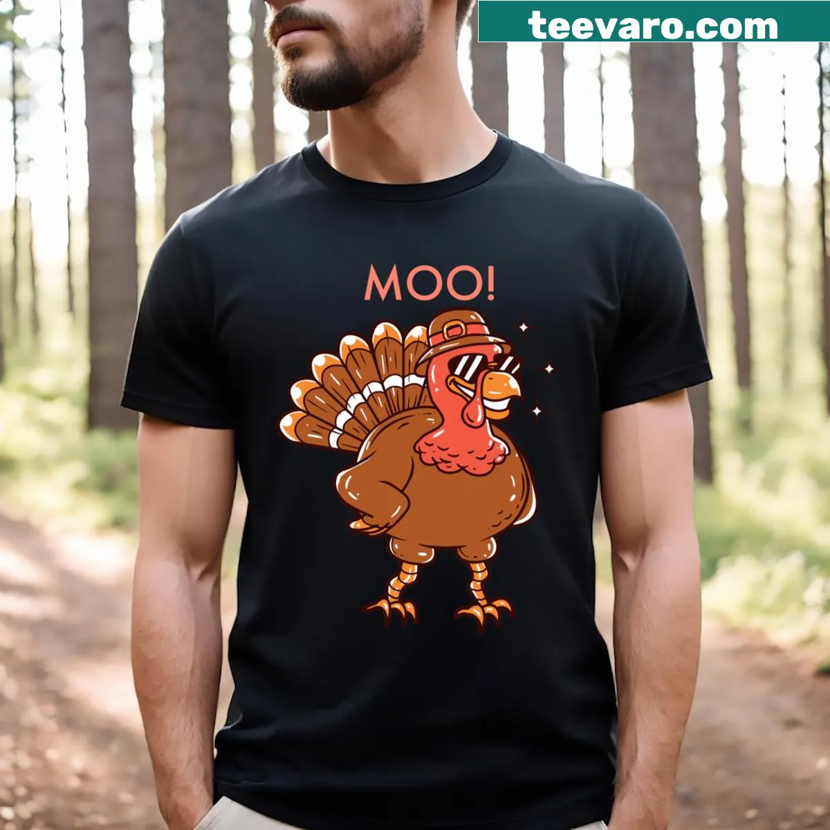 Cute Thanksgiving T-shirt featuring a turkey and cow illustration — on a men's t-shirt
