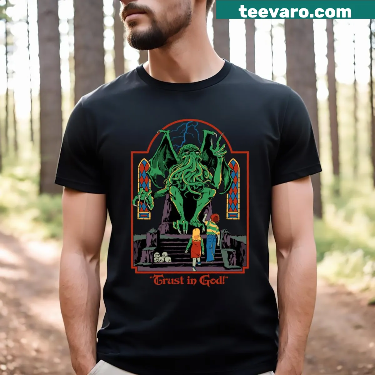 Inspirational typography t-shirt with 'Trust In God' text — on a men's t-shirt