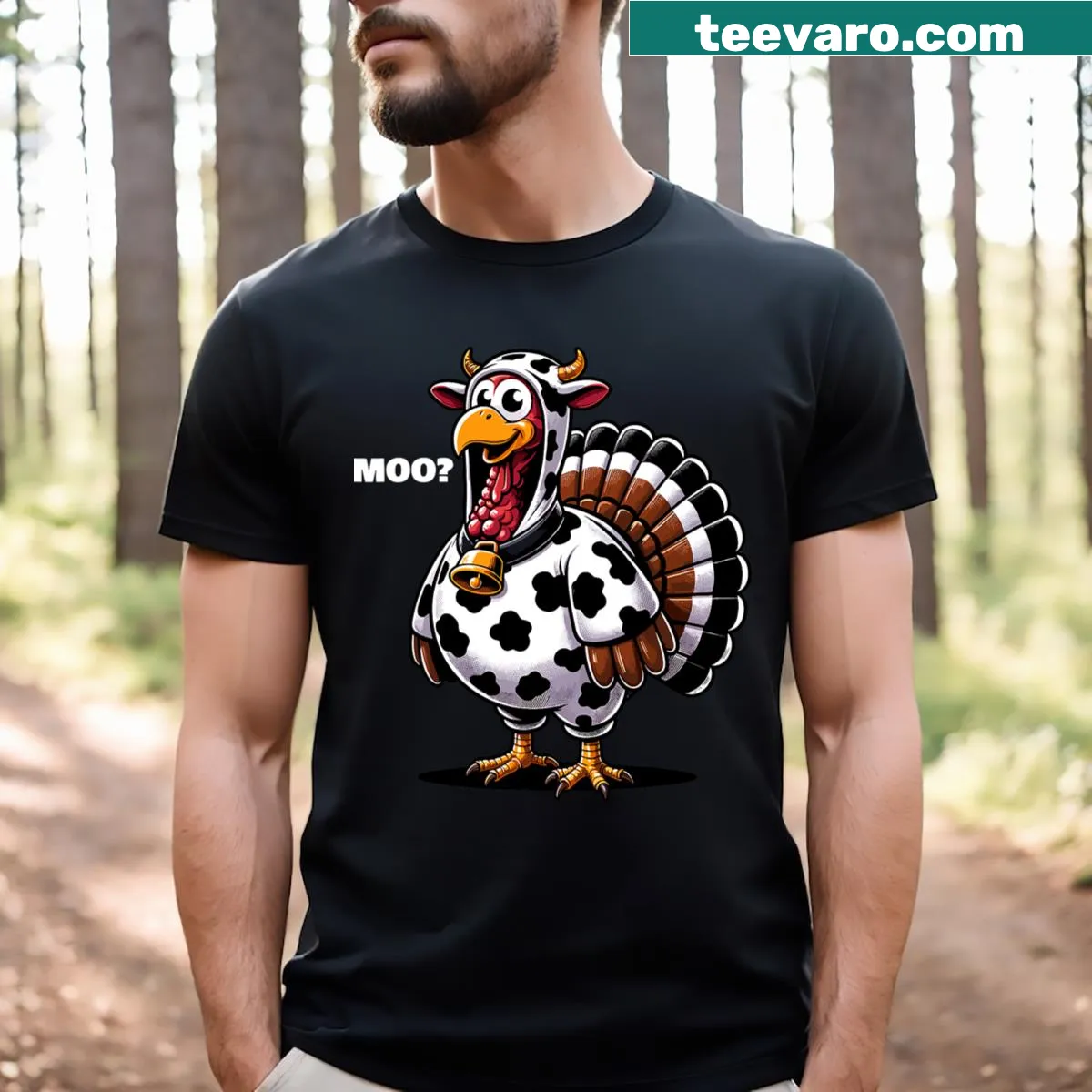 Funny Thanksgiving T-shirt with a turkey and cow graphic — on a men's t-shirt