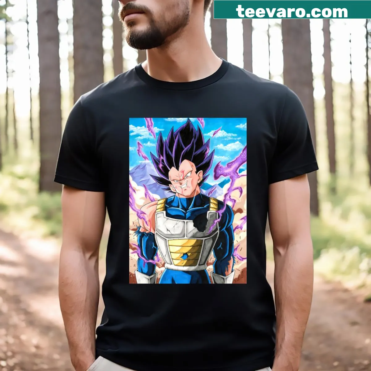Dynamic illustration of Vegeta on a bold anime-inspired T-shirt — on a men's t-shirt
